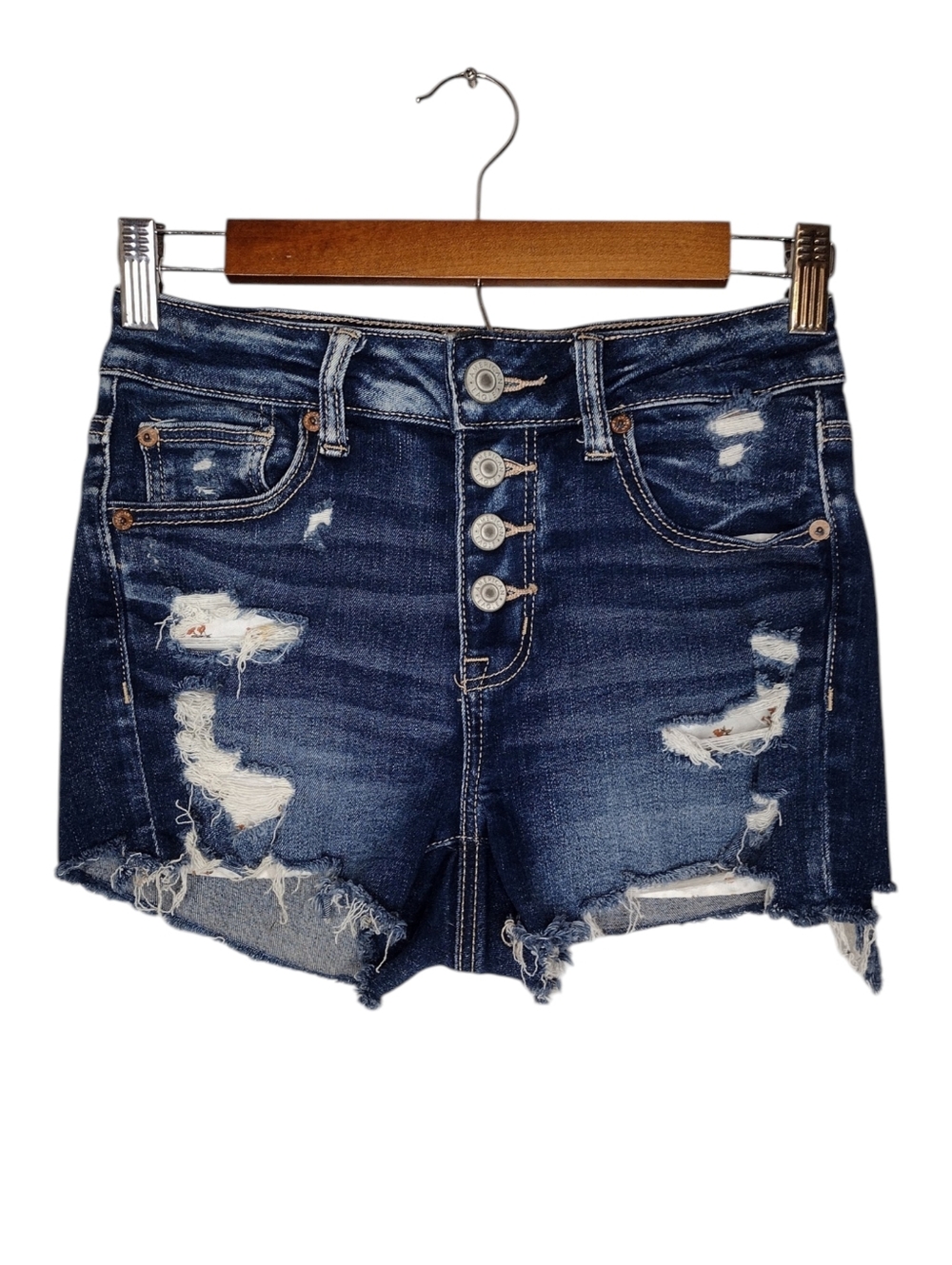 American Eagle Outfitters Shortie Distressed Blue Denim High-Rise Shorts Sz M